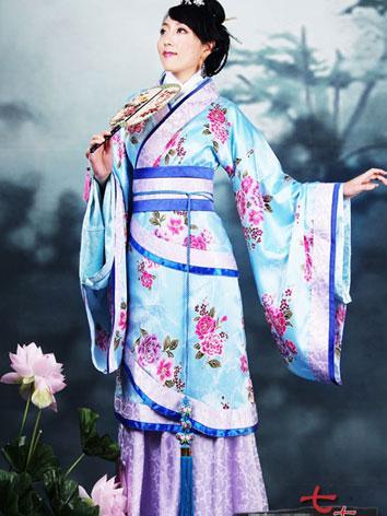 芙蓉鶯鶯燕燕 青ピンクロングアウター　清製云肩上袄 中国伝統衣装　着物和服　花見