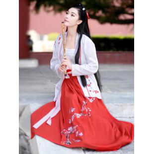 【唐装・漢服ー女】中華服古装 唐朝服 演出服 撮影服 花柄の刺繍 梅影十七 白色 赤色