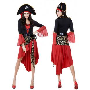 【ハロウィン衣装ー女】コスプレ衣装 cosplay 変装 仮装 イベント 大人用 ﾜﾝﾋﾟｰｽ 黒色 赤色 帽子 海賊