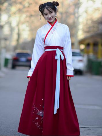 【唐装・漢服ー女】中華服古装 唐朝服 演出服 撮影服 桃花扇 白色 赤色 刺繍 麻 繊維