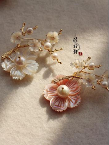 【漢服華服古装用ー飾り物】女性用 手作り ブローチ 貝殻 パール 銅 花 白色 ピンク 漢服 羽織飾り