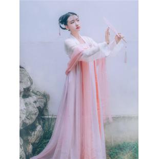 【唐装・漢服ー女】中華服古装 唐朝服 演出服 撮影服 女性用 刺繍 白色 ピンク シフオン