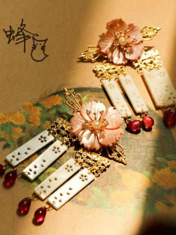 【漢服華服古装用ー飾り物】女性用 手作り 髪飾り ヘアピン 貝殻 パール 瑠璃 銅 ピンク花
