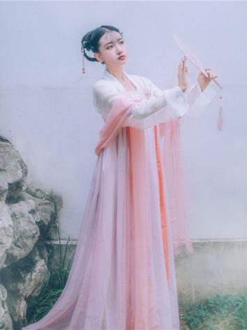 【唐装・漢服ー女】中華服古装 唐朝服 演出服 撮影服 女性用 刺繍 白色 ピンク シフオン