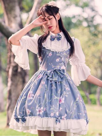 【唐装・漢服ー女】ロリターファッション 中華風 漢服 チャイナ服 Lolita ﾜﾝﾋﾟｰｽ 白色 ブルー 花柄