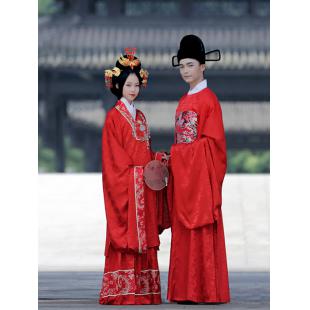 【唐装・漢服ー男】華服古装 漢服明制 百年好合 三 結婚服 赤色 刺繍 男性用 コート