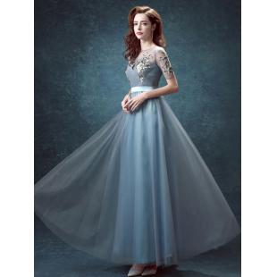 【カラードレス】女性用 Aライン ブルー 結婚式 紗 演奏会 宴会 パーティー 床付く 刺繍