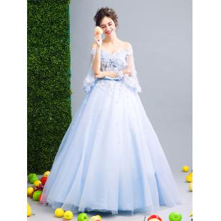 【ウエディングドレス】女性用 スレンダータイプ カラードレス ブルー フリルタイプ 結婚式 演奏会 宴会 パーティー 床付く 紗