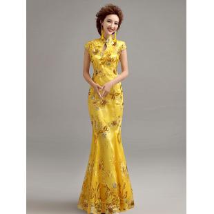 【ウエディングドレス】女性用 黄色 カラードレス チャイナドレス 結婚式 刺繍 宴会 忘年会