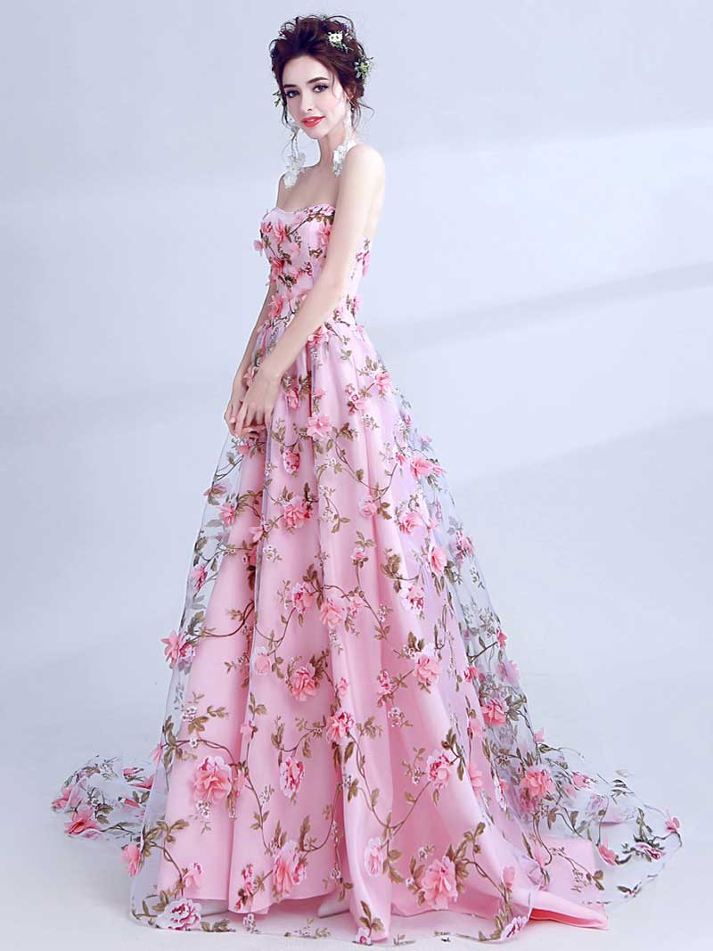 豪華ウェディングドレス、ピンク花、刺繍-