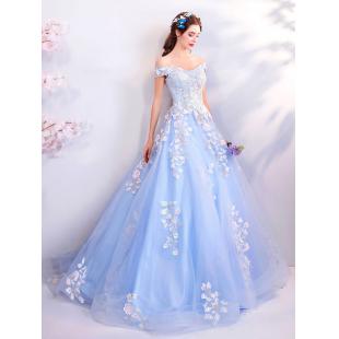 【ウエディングドレス】女性用 カラードレス 結婚式 宴会 忘年会 ブルー レース 司会 紗 床付く 刺繍