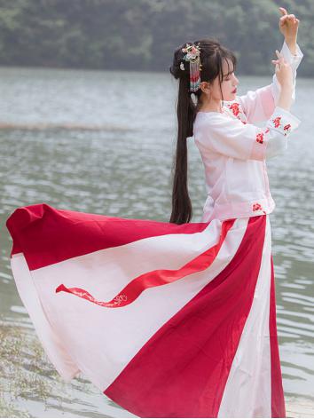 【唐装・漢服ー女】中華服古装 唐朝服 演出服 撮影服 女性用 刺繍 ピンク 白色 赤色