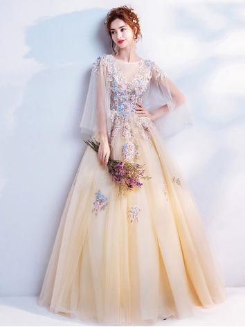 【カラードレス】女性用 Aライン 黄色 結婚式 紗 演奏会 宴会 パーティー 床付く 刺繍