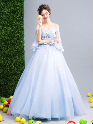 【ウエディングドレス】女性用 スレンダータイプ カラードレス ブルー フリルタイプ 結婚式 演奏会 宴会 パーティー 床付く 紗