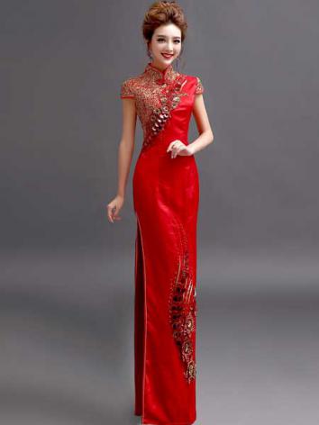 【ウエディングドレス】女性用 赤色 カラードレス チャイナドレス 結婚式 刺繍 宴会 忘年会