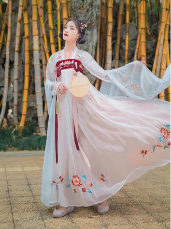 【唐装・漢服ー女】中華服古装 唐朝服 演出服 撮影服 女性用 刺繍 白色 ピンク