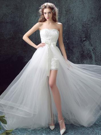【ウエディングドレス】女性用 白色 結婚式 演奏会 床付くタイプ High-Lowドレス 紗 トレーン