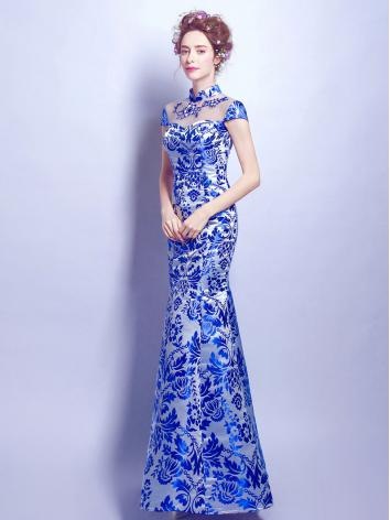 【ウエディングドレス】女性用 ブルー 青色 カラードレス チャイナドレス 結婚式 刺繍 宴会 忘年会