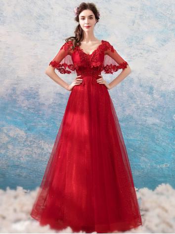 【ウエディングドレス】女性用 カラードレス 結婚式 宴会 忘年会 赤色 レース 司会 紗 床付く