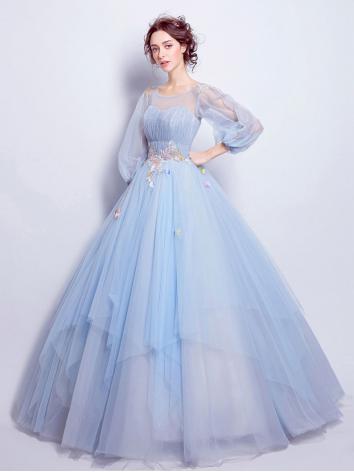 【ウエディングドレス】女性用 カラードレス 結婚式 宴会 忘年会 ブルー レース 司会 紗 床付く 刺繍