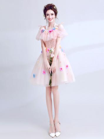 【ウエディングドレス】女性用 カラードレス 結婚式 宴会 忘年会 ピンク レース 司会 紗 床付く 刺繍 花