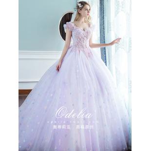 【ウエディングドレス】女性用 紫色 フリル レース 刺繍 紗 トレーンタイプ 結婚式 演奏会 花嫁