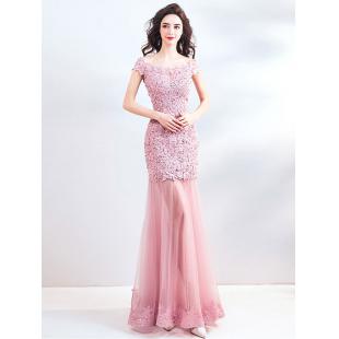 【ウエディングドレス】女性用 カラードレス 結婚式 宴会 忘年会 司会 紗 ピンク 床つく マーメイドライン