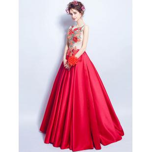 【ウエディングドレス】女性用 カラードレス 結婚式 宴会 忘年会 司会 赤色 サテン 刺繍 床つく