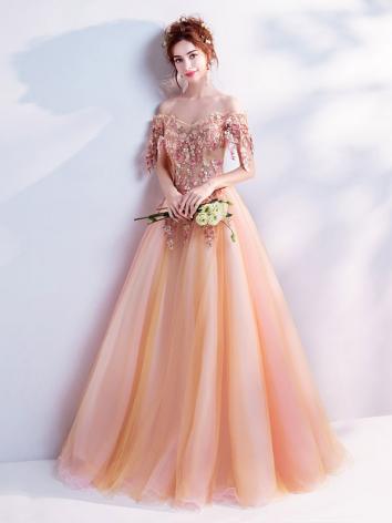 【ウエディングドレス】女性用 カラードレス 結婚式 宴会 忘年会 刺繍 司会 紗 オレンジ色 床つく