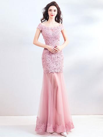 【ウエディングドレス】女性用 カラードレス 結婚式 宴会 忘年会 司会 紗 ピンク 床つく マーメイドライン