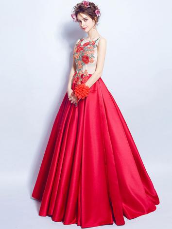 【ウエディングドレス】女性用 カラードレス 結婚式 宴会 忘年会 司会 赤色 サテン 刺繍 床つく