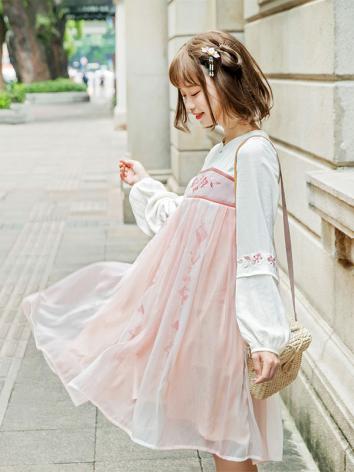 【改良漢服ー女】復古 チャイナ服 民族衣装 演出服 撮影服 ﾜﾝﾋﾟｰｽ ホワイト ピンク 刺繍
