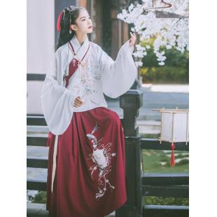 【中華服】唐装 漢服 刺繍 明時代服 衣装セット 女性 白+赤 演出服 撮影服