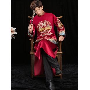 【唐装・漢服ー男性用】中華服 演出/撮影服/結婚式 赤色 刺繍入り 上着+スカート
