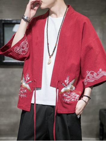 改良漢服ー男 鶴刺繍 紅色 ルーズカジュアル 中華服唐装 コート 演出服 撮影服