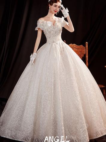 【ウエディングドレス】女性用 耀きホワイトドレス 結婚式 オフショールダ プリンセス